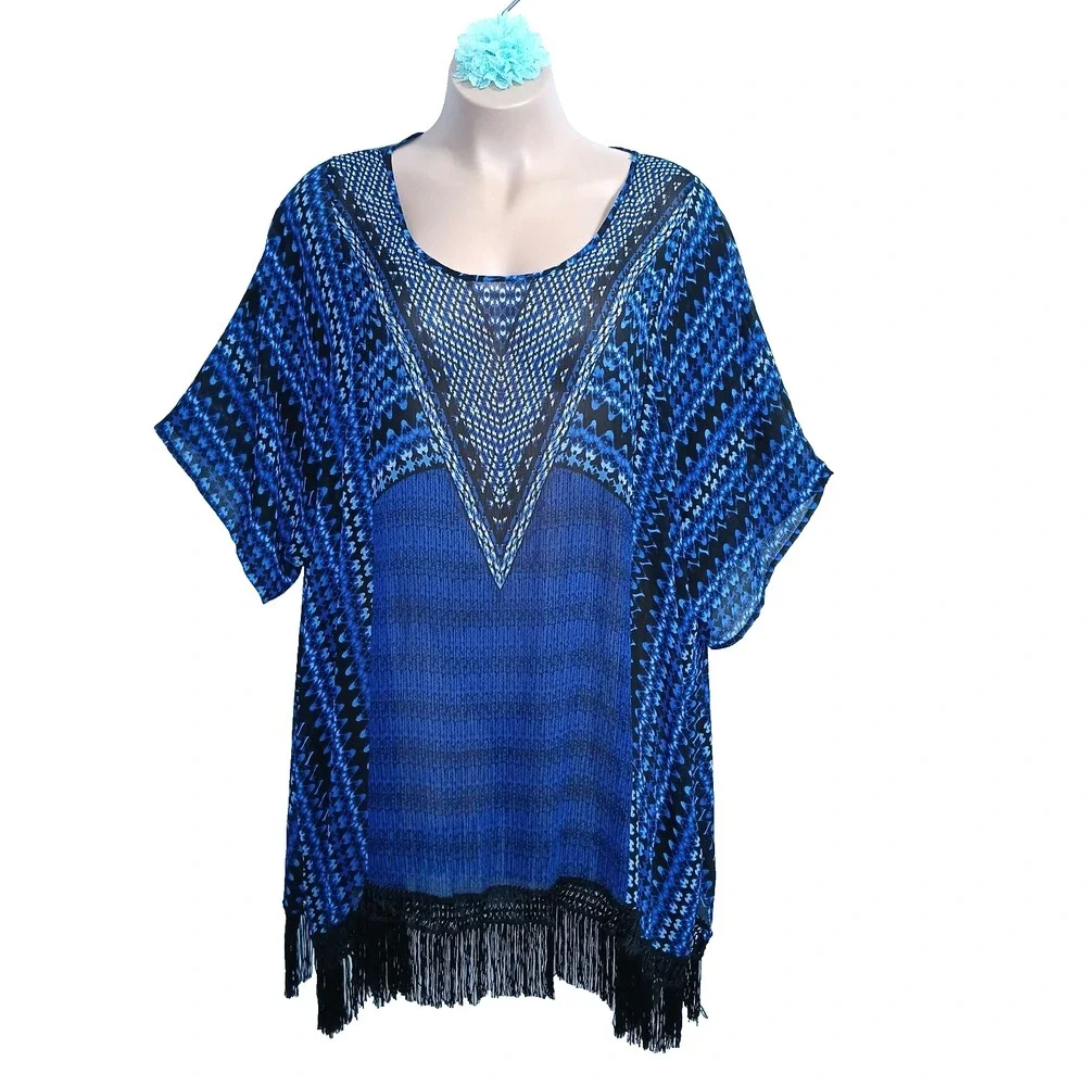 Catherines Women Fringe Tunic Top 4X 5X Blue Geometric Bohemian Sheer Coverup